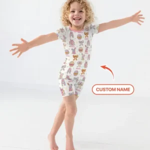 Happy Easter Custom Name Bamboo Two Piece Short Sleeve Shorts Pajama Set