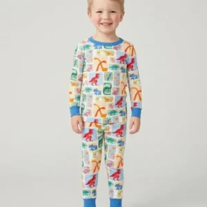 Rainbow Dino Friends Family Matching Bamboo Two Piece Long Sleeve Pajama Set