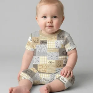 Personalized Classic Bear Patchwork Bamboo Two Piece Short Sleeve Shorts Pajama Set