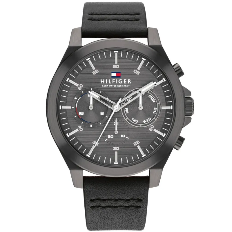Herren-Chronographen-Uhr mit schwarzem Zifferblatt, Chrono-Totalisatoren und schwarzem Lederarmband
