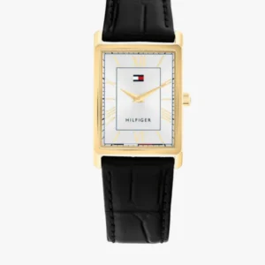 Herren-Armbanduhr mit schwarzem Lederband und goldfarbenem Gehäuse, weißem Zifferblatt