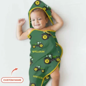 Custom Name Green Tractors Matching Daddy & Me Hooded Bamboo Towel Set