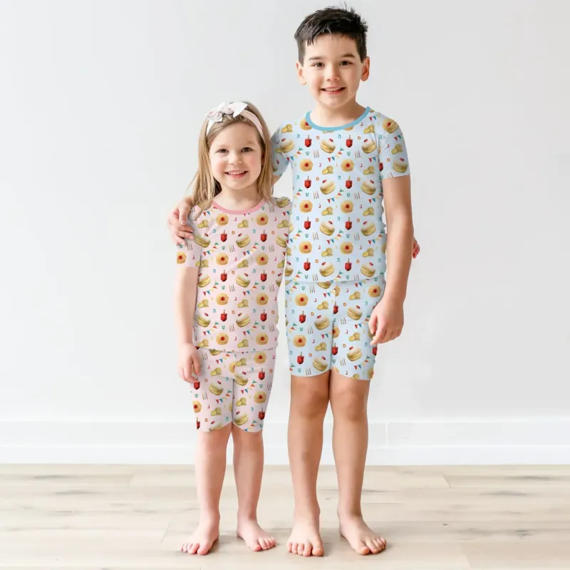Hanukkah Donuts Two Piece Short Sleeve Shorts Pajama Set , Hanukkah Donuts Two Piece Short Sleeve Shorts Pajama Set - 12-18M / Blue