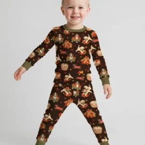 Pups in the Leaves Bamboo Two Piece Long Sleeve Pajama Set