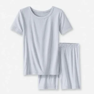 Light Fog Ribbed Bamboo Two Piece Short Sleeve Shorts Pajama Set