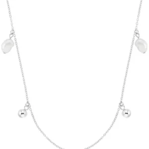 Halskette mit silberner Kette und Perlenanhänger, tropfenförmige Schmuckelemente
