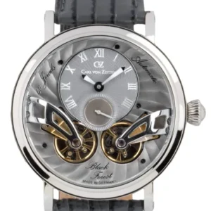 Herren-Armbanduhr: graues Lederband, silbernes Gehäuse, Automatik-Display mit Sichtwerk