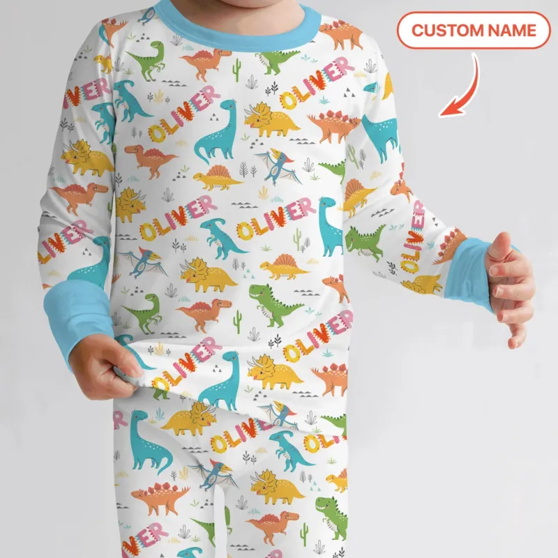 Dino Adventure Custom Name Bamboo Two Piece Long Sleeve Pajama Set
