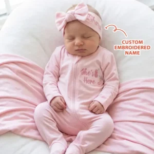 Personalized She's Here Embroidered Bamboo Welcome Home Bundle