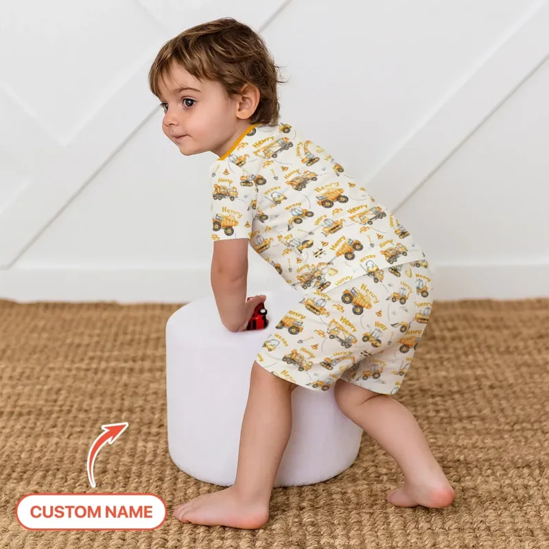 Constructions Machines Custom Name Bamboo Two Piece Short Sleeve Shorts Pajama Set