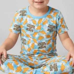 Chicken Nuggets and Jesus Family MatchingBamboo Two Piece Short Sleeve Pajama Set