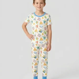 Colorful Summer Beach With Jesus Bamboo Two Piece Short Sleeve Pajama Set