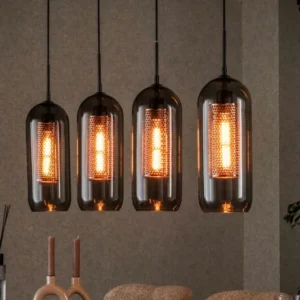 Pendelleuchte „Rivella“ – Mit 4 Leuchten im Rauchglas-Mesh-Design mit zylindrischen Kupfergitterschirmen