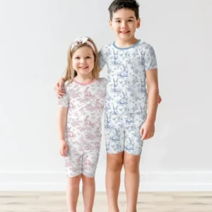 Easter Chinoiserie Toile de Jouy Bamboo Two Piece Short Sleeve Shorts Pajama Set
