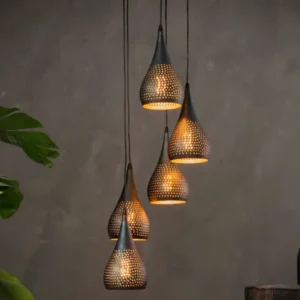 Pendelleuchte "Calira“ – Gestuft mit 5 perforierten Lampenschirmen aus Metall in Schwarz-Bronze