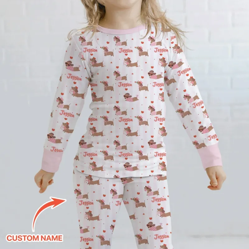 Custom Name Valentine Dachshund Family Matching Bamboo Two Piece Long Sleeve Pajama Set