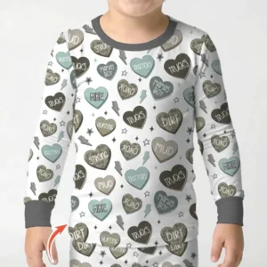Personalized Camo Candy Hearts Bamboo Two Piece Long Sleeve Pajama Set