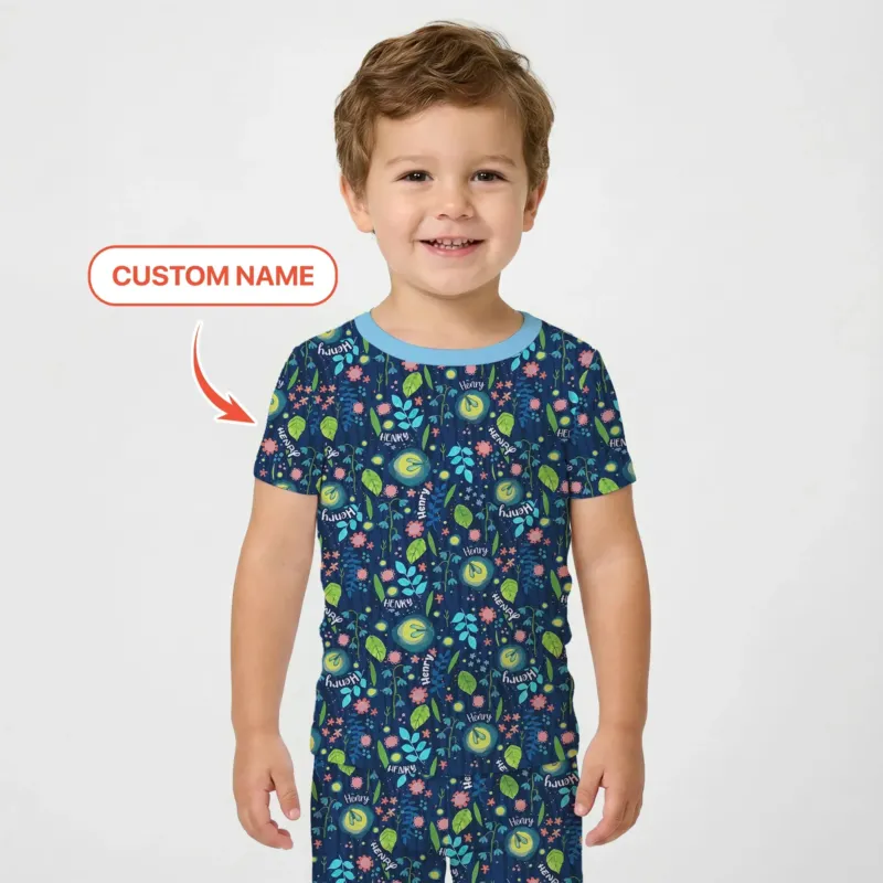 Nighttime Bugs Custom Name Bamboo Two Piece Short Sleeve Pajama Set