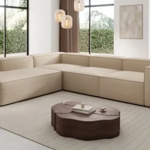 Designer Ecksofa Lesley mit langer Ottomane in Bouclé