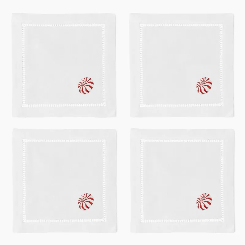 Henry Handwork white linen cocktail napkins with red peppermint candy embroidery, set of 4.