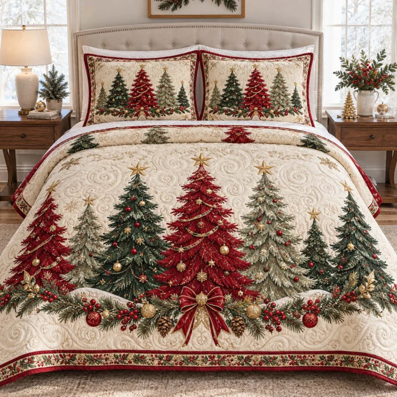 Elegant Christmas Tree Forest Bamboo Quilt Bedding Set