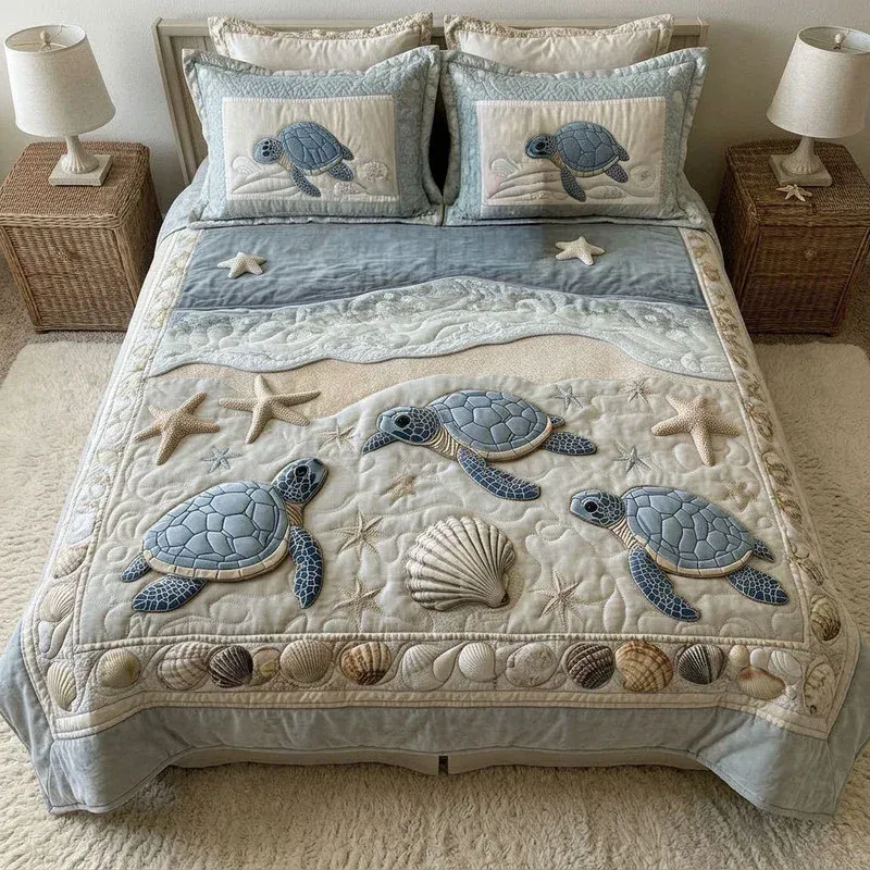 Embossed Shell Shore Bamboo Quilt Bedding Set