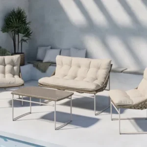 Garten Loungeset Alisa – 4-teilig mit Glastisch & beigen Sitzkissen