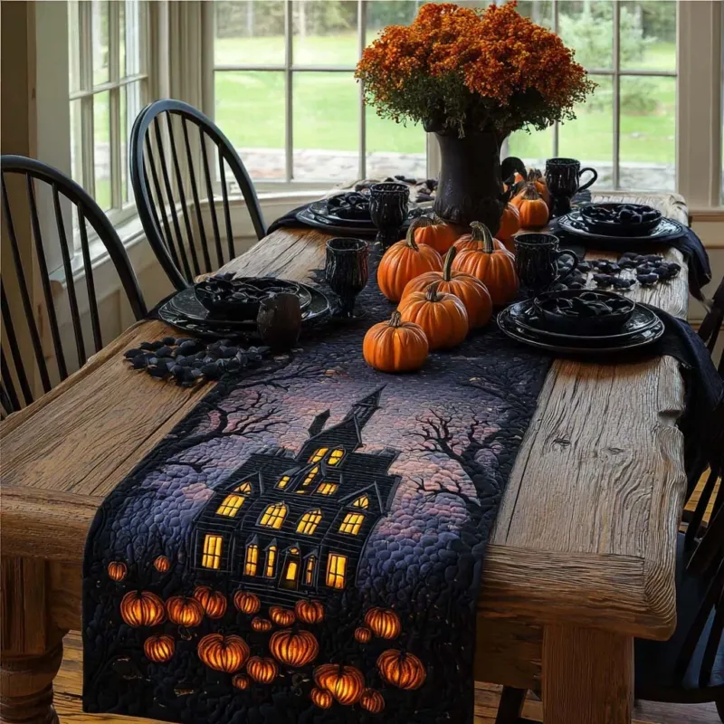 Glowing Haunted House Quilt Table Runner