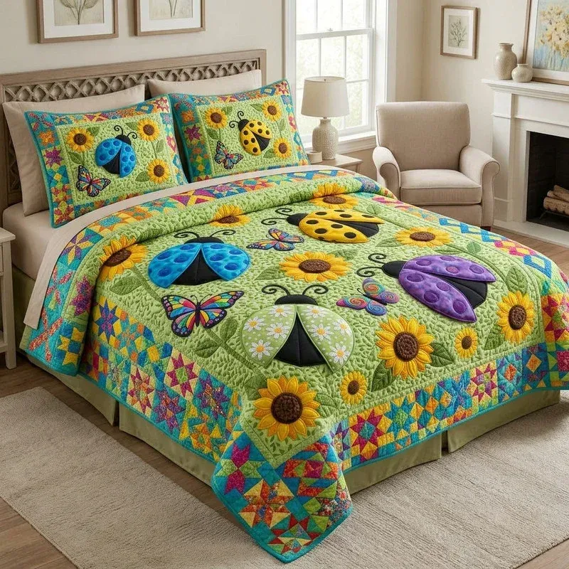 Golden Sunbeam Ladybug Bamboo Quilt Bedding Set
