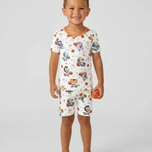 Cartoon Basketball Animals Bamboo Two Piece Short Sleeve Shorts Pajama Set