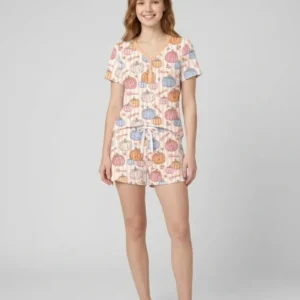 Custom Name Pumpkin Patch Bamboo Women Short Sleeve Short Pajama Set