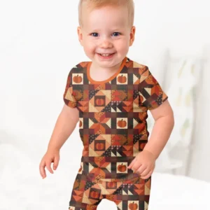 Vintage Pumpkin Patchwork Fall Bamboo Two Piece Short Sleeve Shorts Pajama Set