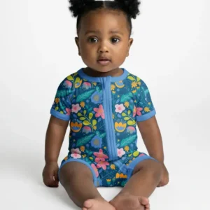 Folk Floral Bamboo Shorty Zippered Romper
