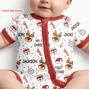 Custom Name Reindeer Doodle My First Christmas Bamboo Shorty Zippy