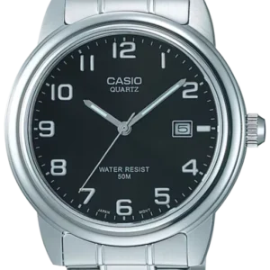 Casio Herrenuhr mit schwarzem Zifferblatt, Datumsfenster und Edelstahlarmband