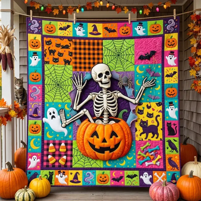 Neon Skeleton Pop Bamboo Quilt Blanket