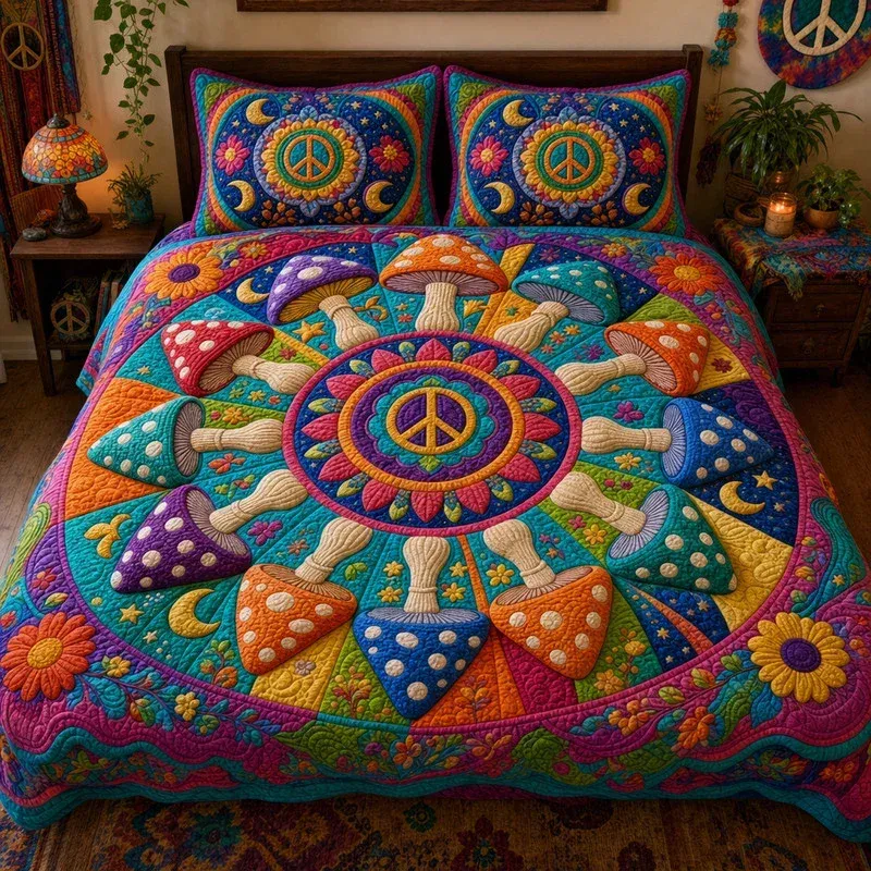 Peace Mushroom Bamboo Quilt Bedding Set