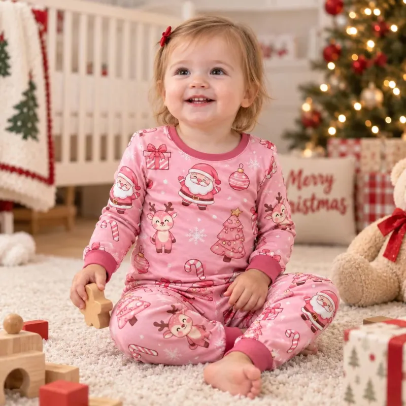 Pink Santa Christmas Wonderland Bamboo Two Piece Long Sleeve Pajama Set