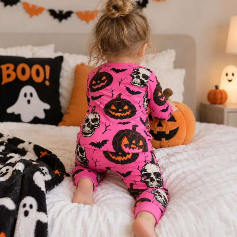 Pink Skull Pumpkin Halloween Bamboo Two Piece Long Sleeve Pajama Set