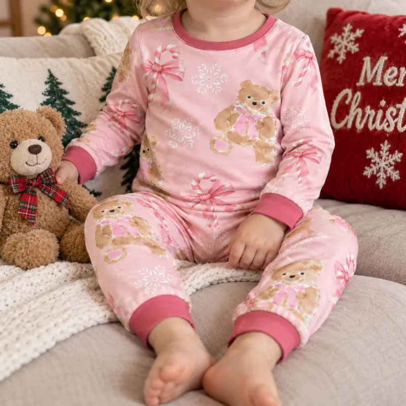 Pink Teddy Bear Candy Cane Christmas Bamboo Two Piece Long Sleeve Pajama Set