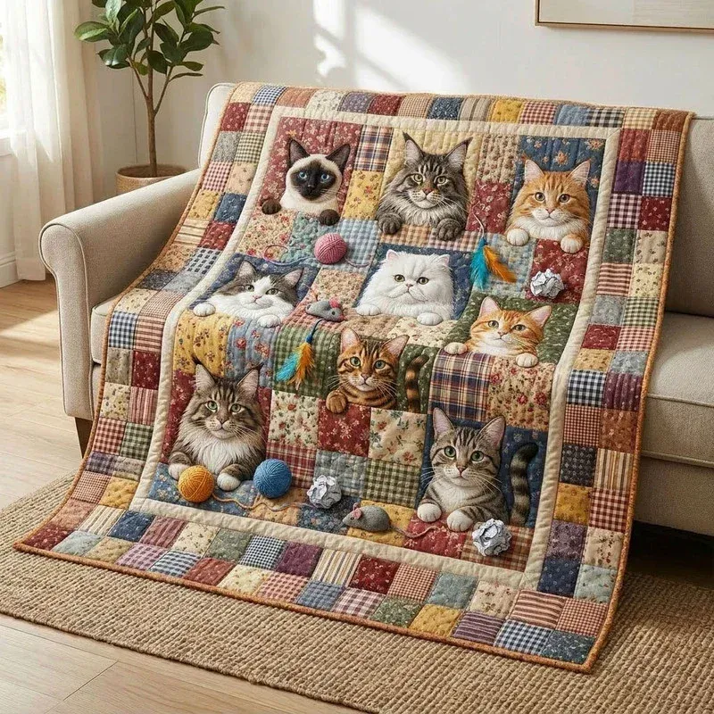 Playful Cat Mosaic Bamboo Quilt Blanket