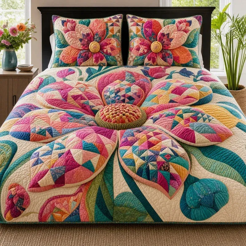 Serene Flower Patchwork Bamboo Quilt Bedding Set