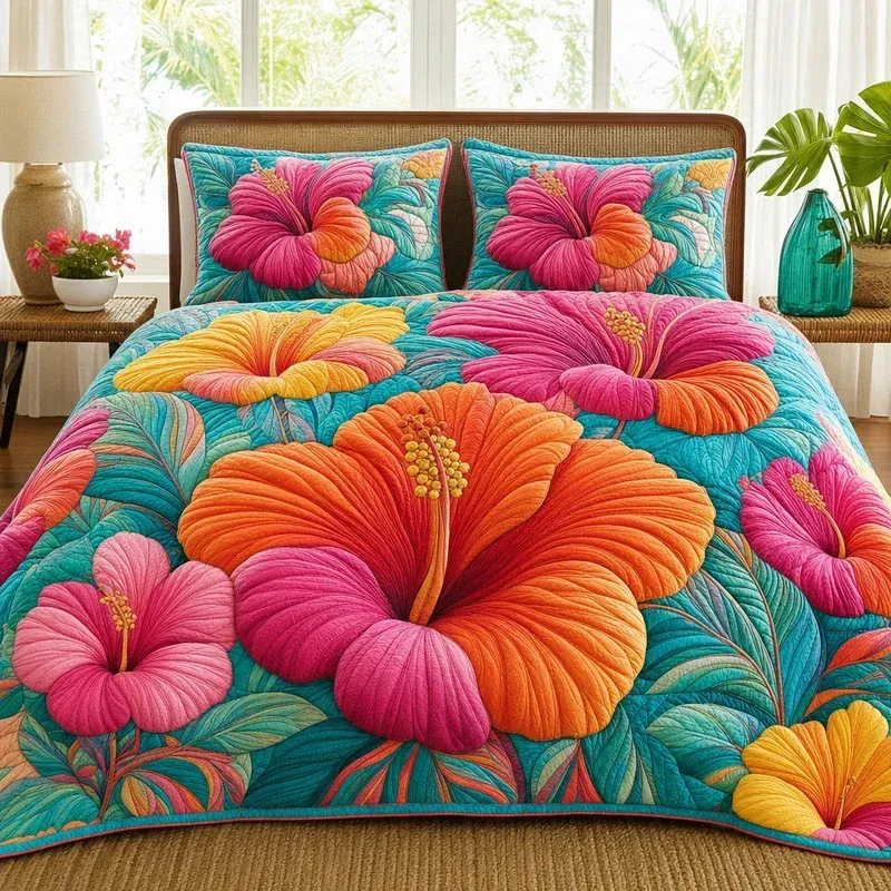 Summer Flora Tropical Bamboo Quilt Bedding Set