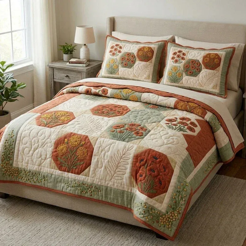 Terracotta Autumn Petal Bamboo Quilt Bedding Set