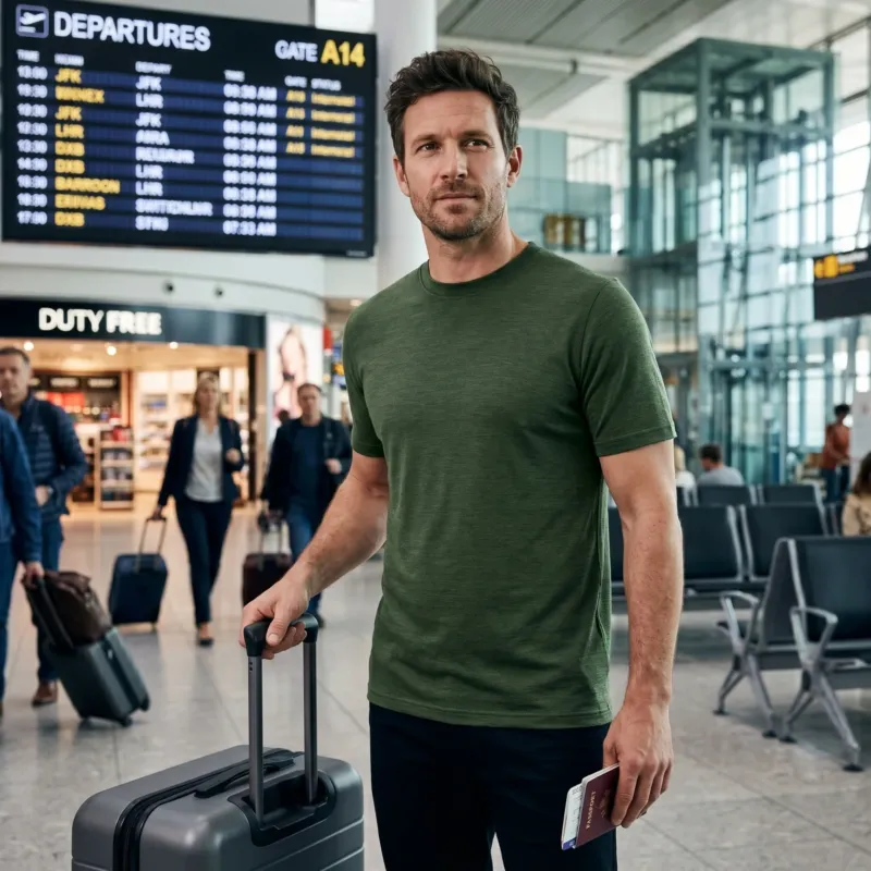 A man standing in a busy airport terminal, looking off to the side. He is wearing a dark green short-sleeved t-shirt and dark pants. He holds the handle of a grey rolling suitcase with one hand and a passport with a boarding pass in the other. The background features a large digital "DEPARTURES" flight board, a "DUTY FREE" shop sign, and blurred figures of other travelers with luggage.