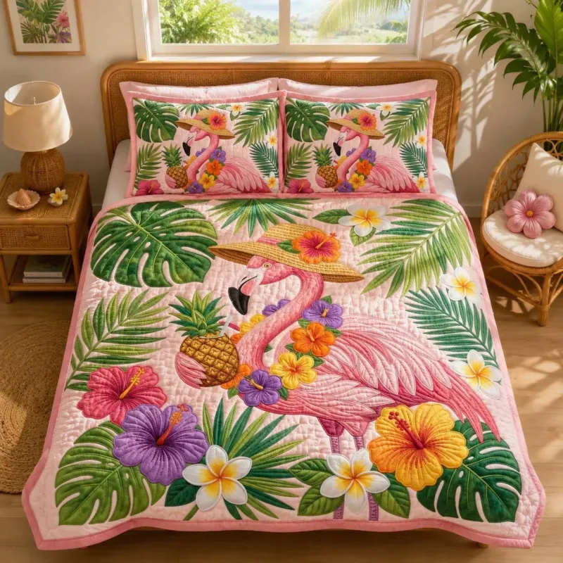 Tropical Flamingo Bamboo Quilt Bedding Set