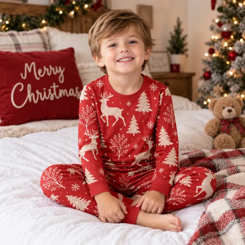 Winter Reindeer Christmas Forest Bamboo Two Piece Long Sleeve Pajama Set