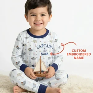 Custom Embroidered Name Little Captain of the Whale Crew Bamboo Two Piece Long Sleeve Pajama Set