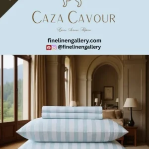 Bamboo stripe sheet set from Palais Royal Linen Gallery featuring smooth, eco-friendly bamboo fabric with blue and white stripes.