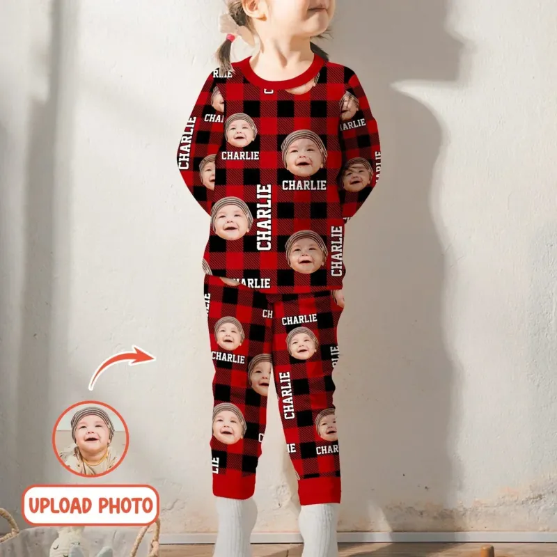 Custom Photo & Name Christmas Plaid Two Piece Long Sleeve Pajama Set , Custom Photo & Name Christmas Plaid Two Piece Long Sleeve Pajama Set - 12-18M